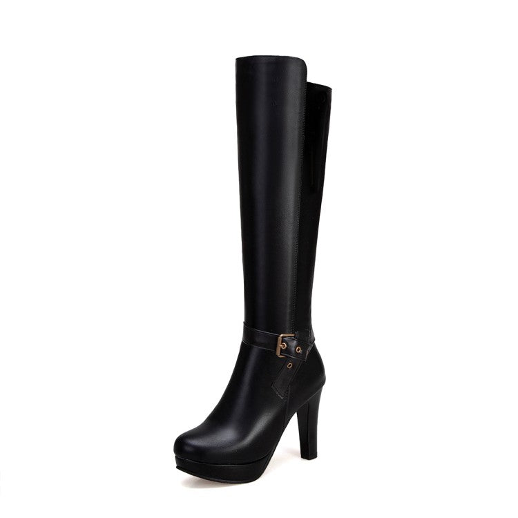 Buckle Straps Side Zippers Block Chunky Heel Platform Knee High Boots for Women