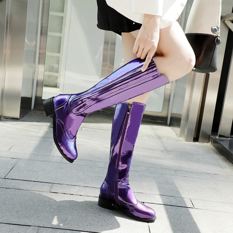 Patent Round Toe Side Zippers Block Chunky Heel Platform Knee High Boots for Women