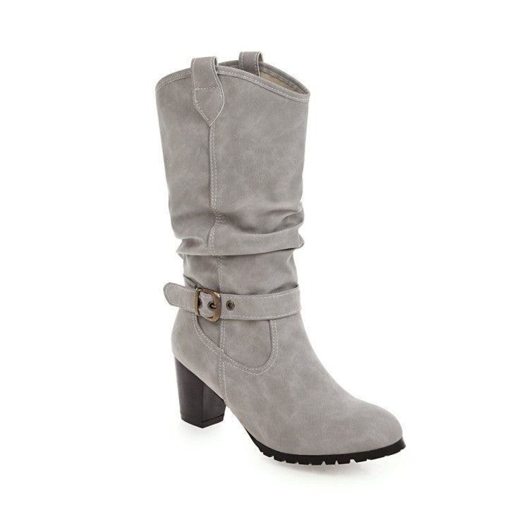 Ladies Pu Leather Pointed Toe Belts Buckles Stitching Block Heel Mid Calf Boots