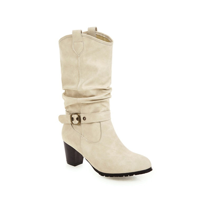 Ladies Pu Leather Pointed Toe Belts Buckles Stitching Block Heel Mid Calf Boots