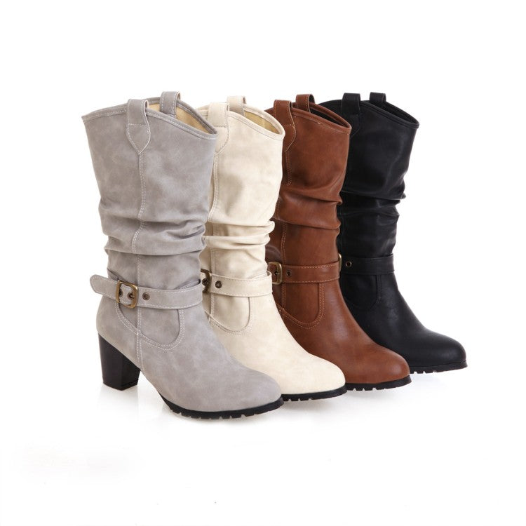 Ladies Pu Leather Pointed Toe Belts Buckles Stitching Block Heel Mid Calf Boots