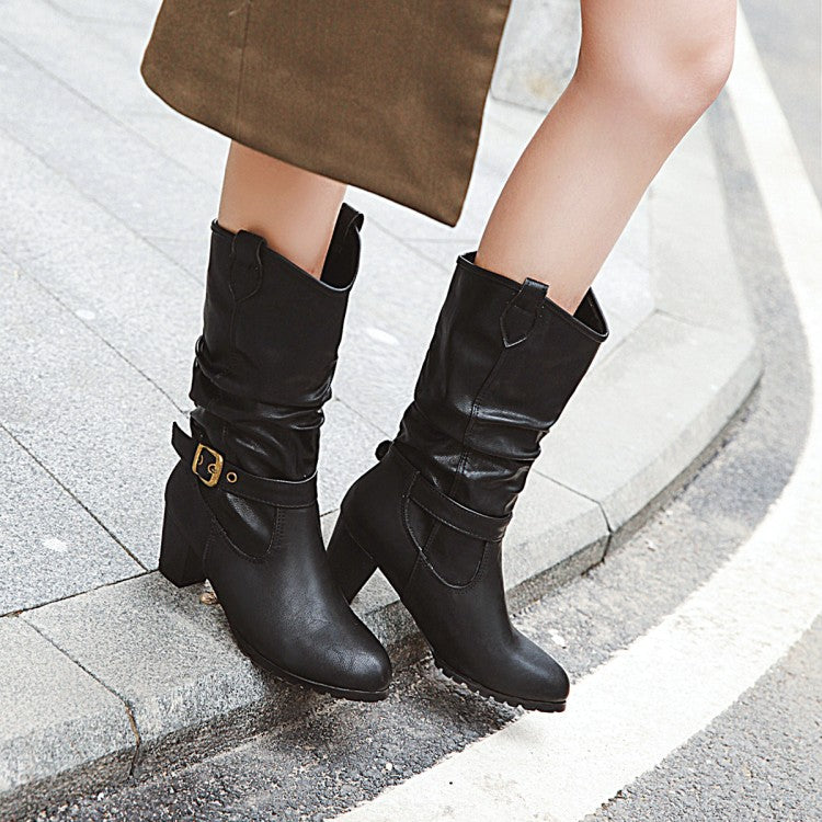 Ladies Pu Leather Pointed Toe Belts Buckles Stitching Block Heel Mid Calf Boots