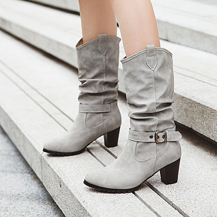 Ladies Pu Leather Pointed Toe Belts Buckles Stitching Block Heel Mid Calf Boots