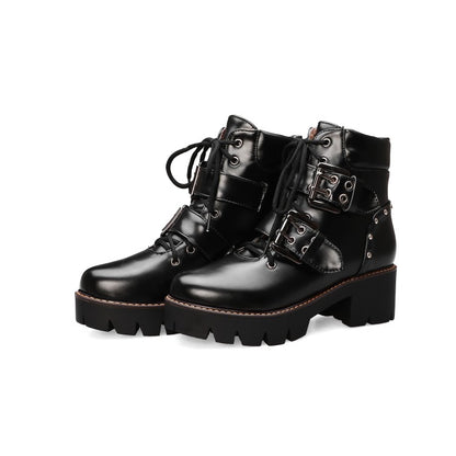 Lace Up Buckle Straps Rivets Block Chunky Heel Platform Short Boots for Women