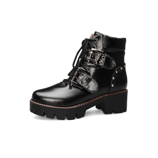 Lace Up Buckle Straps Rivets Block Chunky Heel Platform Short Boots for Women