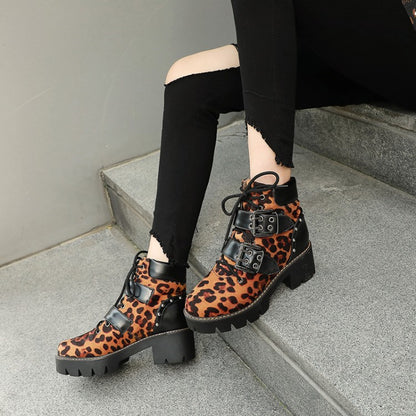 Lace Up Buckle Straps Rivets Block Chunky Heel Platform Short Boots for Women