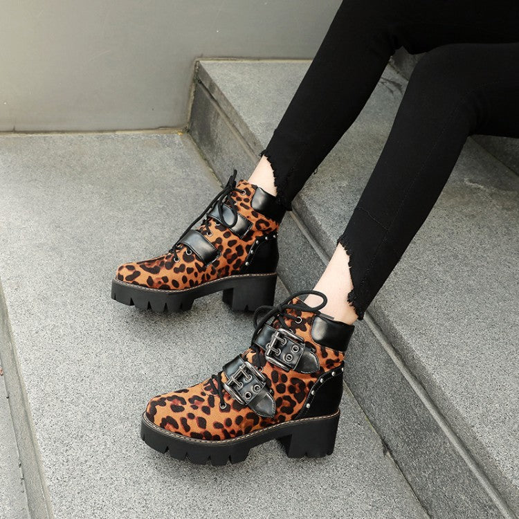 Lace Up Buckle Straps Rivets Block Chunky Heel Platform Short Boots for Women