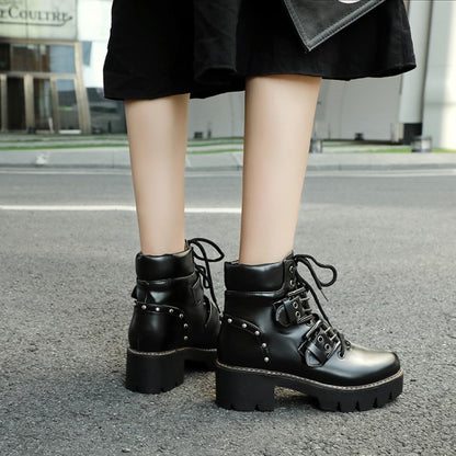 Lace Up Buckle Straps Rivets Block Chunky Heel Platform Short Boots for Women