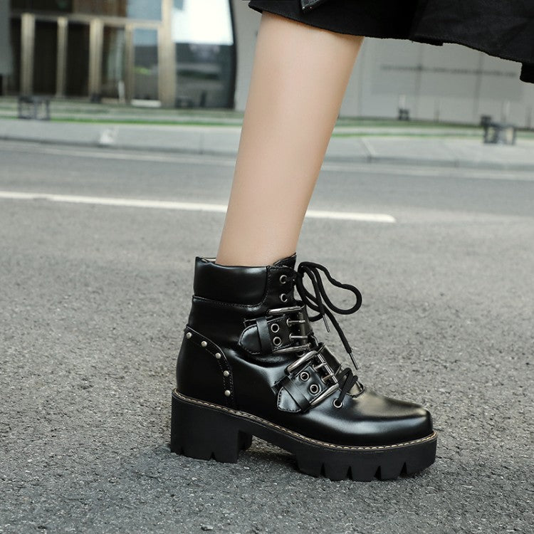 Lace Up Buckle Straps Rivets Block Chunky Heel Platform Short Boots for Women