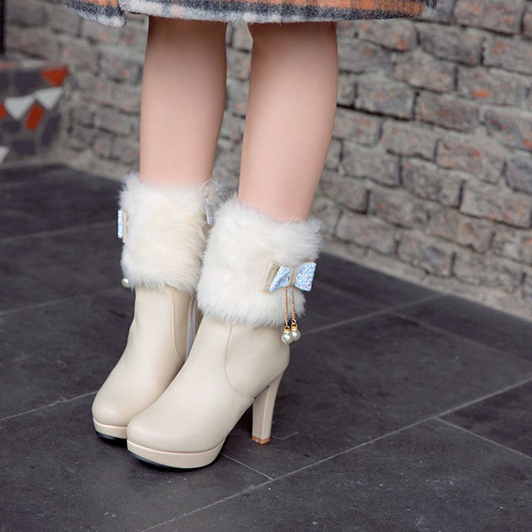 Pu Leather Almond Toe Pearls Side Zippers Block Chunky Heel Platform Short Boots for Women