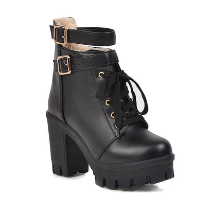 Ladies Pu Leather Lace Up Belts Buckles Block Heel Platform Ankle Boots