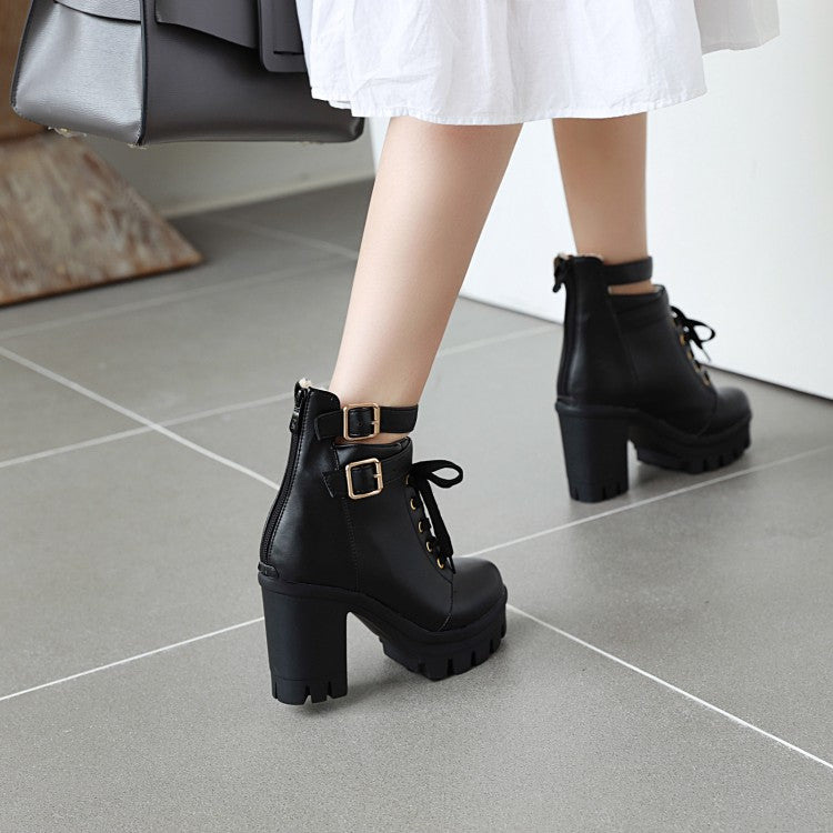 Ladies Pu Leather Lace Up Belts Buckles Block Heel Platform Ankle Boots