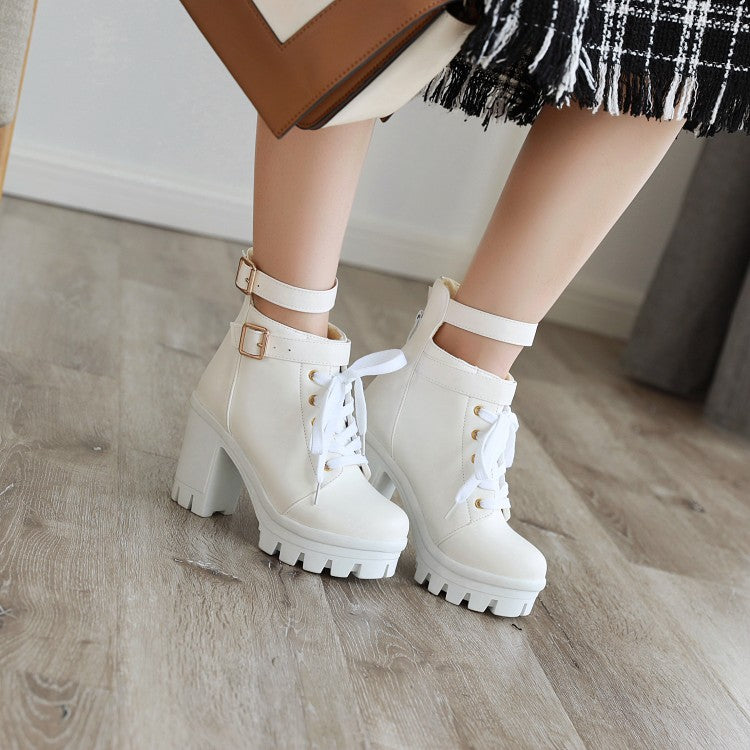 Ladies Pu Leather Lace Up Belts Buckles Block Heel Platform Ankle Boots