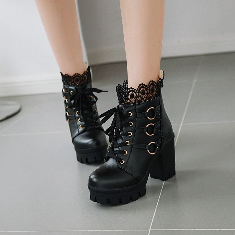 Ladies Lace Up Buckles Lace Chunky Heel Platform Ankle Boots