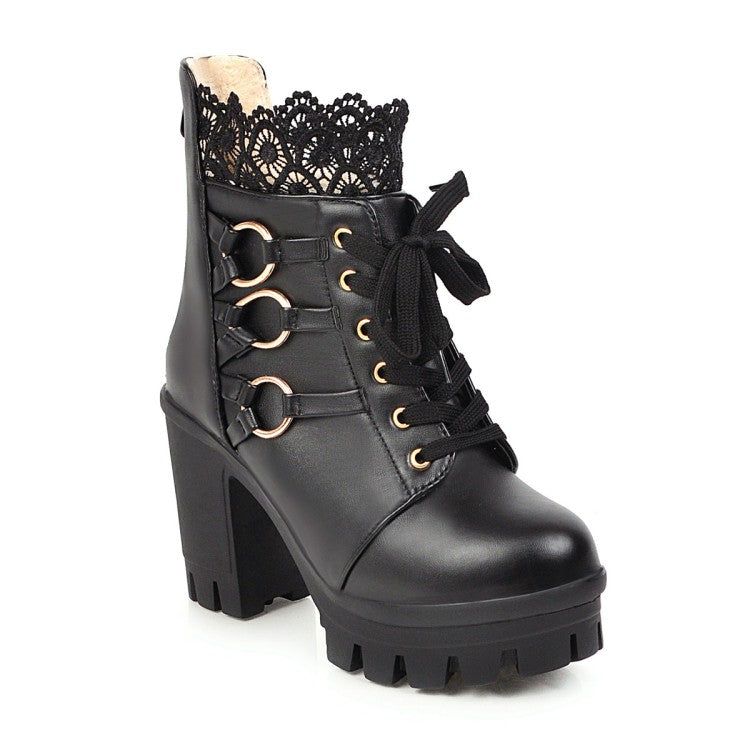 Ladies Lace Up Buckles Lace Chunky Heel Platform Ankle Boots