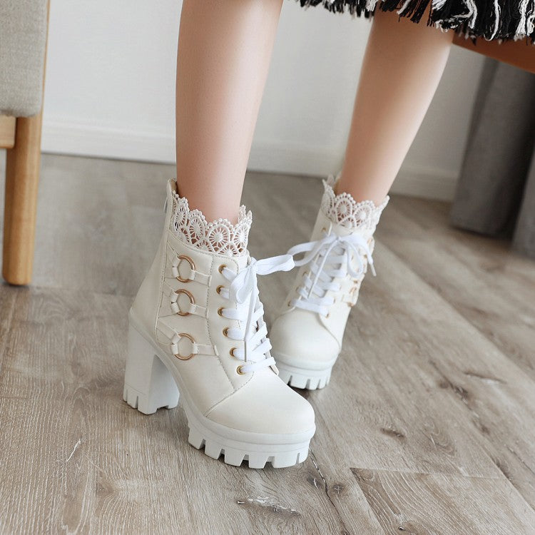 Ladies Lace Up Buckles Lace Chunky Heel Platform Ankle Boots