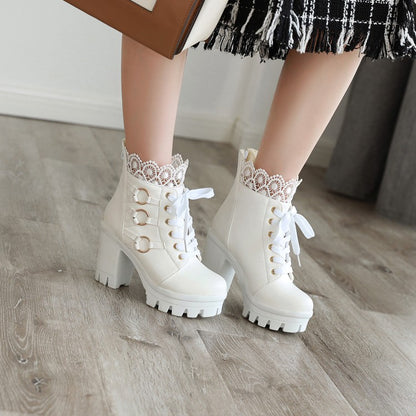 Ladies Lace Up Buckles Lace Chunky Heel Platform Ankle Boots