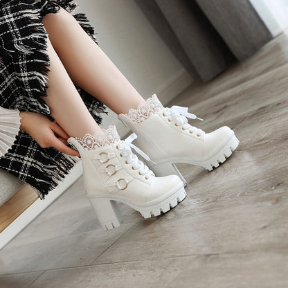 Ladies Lace Up Buckles Lace Chunky Heel Platform Ankle Boots