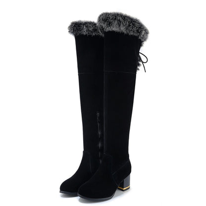 Flock Round Toe Fur Back Tied Straps Block Chunky Heel Over-The-Knee Boots for Women