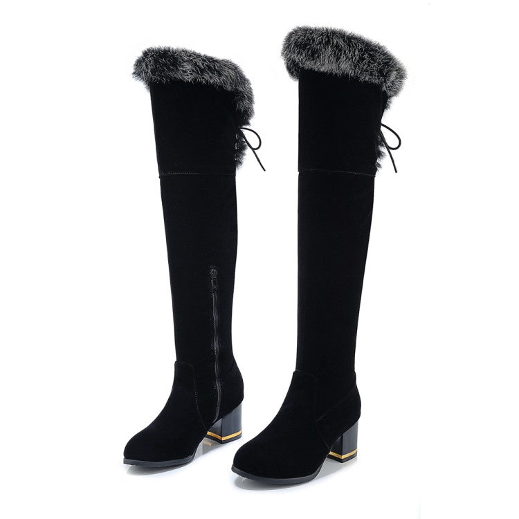 Flock Round Toe Fur Back Tied Straps Block Chunky Heel Over-The-Knee Boots for Women