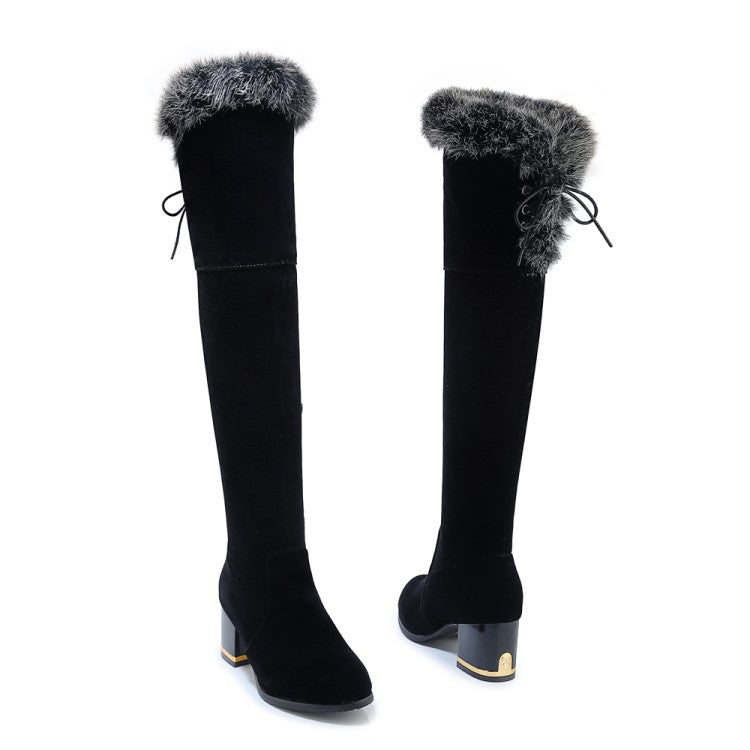 Flock Round Toe Fur Back Tied Straps Block Chunky Heel Over-The-Knee Boots for Women