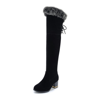 Flock Round Toe Fur Back Tied Straps Block Chunky Heel Over-The-Knee Boots for Women