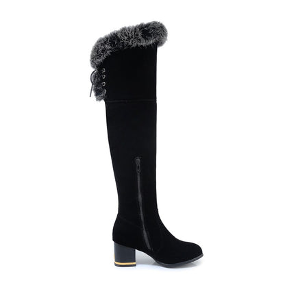 Flock Round Toe Fur Back Tied Straps Block Chunky Heel Over-The-Knee Boots for Women