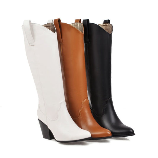 Ladies Pu Leather Pointed Toe Block Heel Knee High Boots