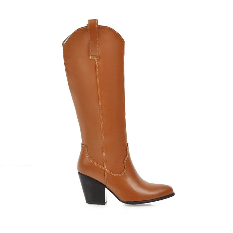 Ladies Pu Leather Pointed Toe Block Heel Knee High Boots