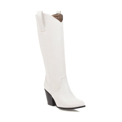 Ladies Pu Leather Pointed Toe Block Heel Knee High Boots