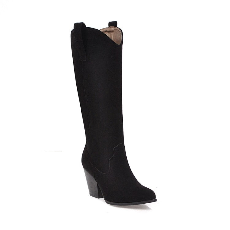 Ladies Pu Leather Pointed Toe Block Heel Knee High Boots