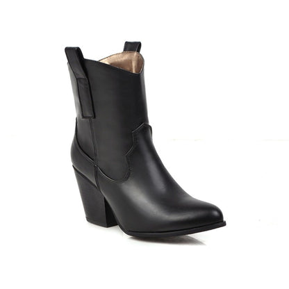 Ladies Pu Leather Pointed Toe Stitching Patchwork Block Heel Short Boots