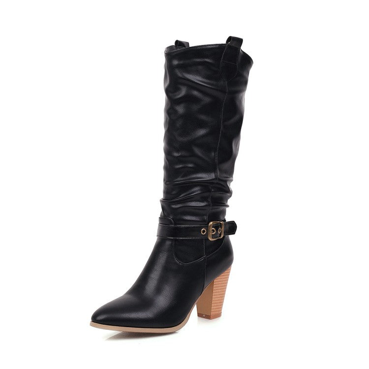 Pointed Toe Block Chunky Heel Buckle Straps Mid-Calf Boots for Women