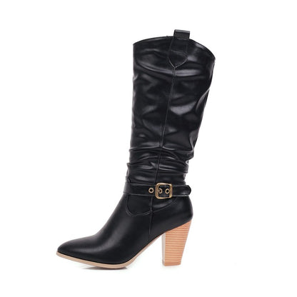 Pointed Toe Block Chunky Heel Buckle Straps Mid-Calf Boots for Women