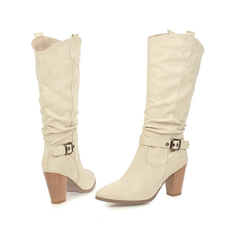 Pointed Toe Block Chunky Heel Buckle Straps Mid-Calf Boots for Women