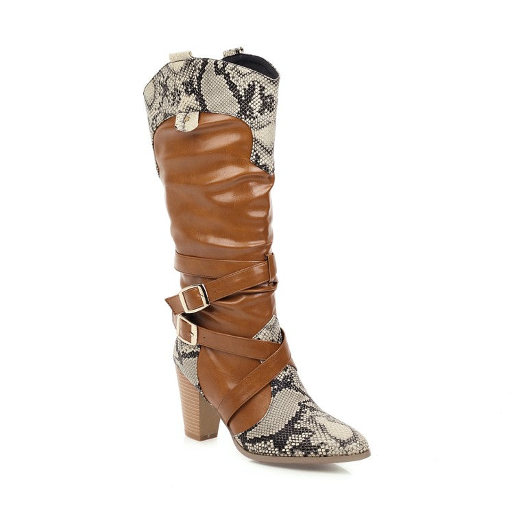 Snake-print Patchwork Buckle Straps Block Chunky Heel Pointed Toe Mid-Calf Boots for Women