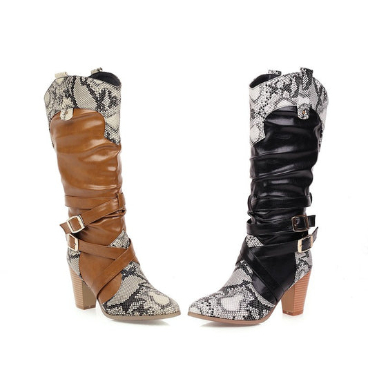 Snake-print Patchwork Buckle Straps Block Chunky Heel Pointed Toe Mid-Calf Boots for Women