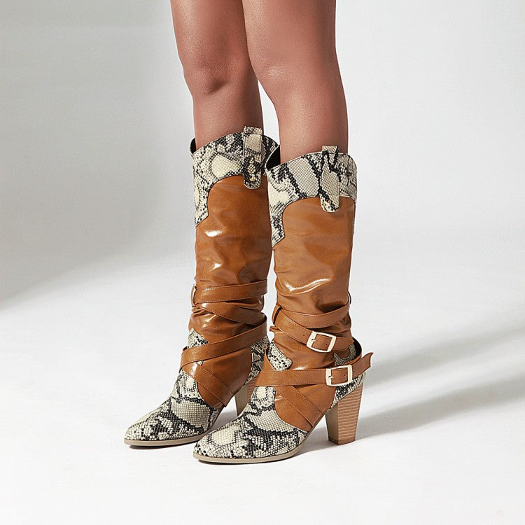 Snake-print Patchwork Buckle Straps Block Chunky Heel Pointed Toe Mid-Calf Boots for Women