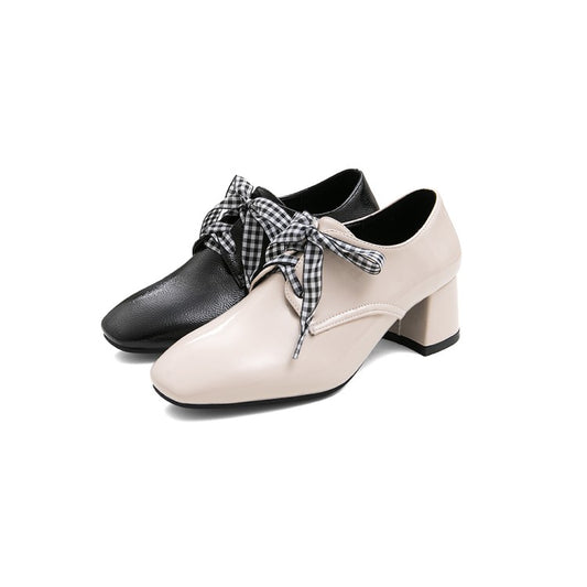 Ladies Pu Leather Square Toe Lace Up Block Heel Shoes