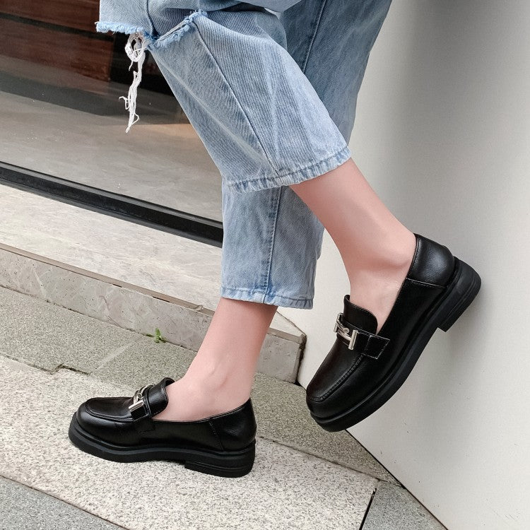 Ladies Solid Color Square Toe Metal Decor Slip on Flats Shoes