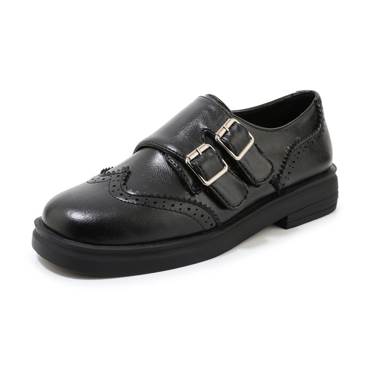 Ladies Solid Color Round Toe Stitching Double Buckle Slip on Oxford Flats Shoes