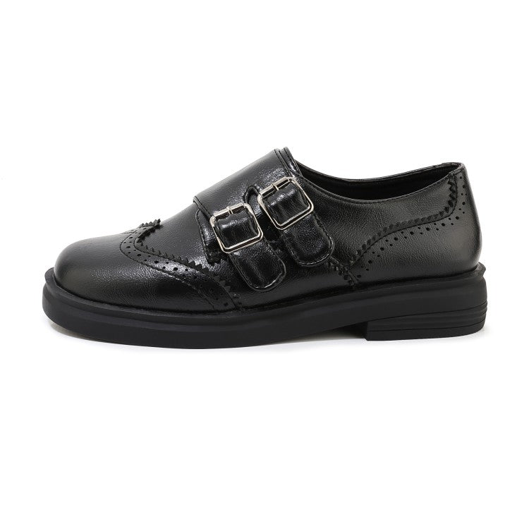 Ladies Solid Color Round Toe Stitching Double Buckle Slip on Oxford Flats Shoes