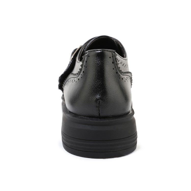 Ladies Solid Color Round Toe Stitching Double Buckle Slip on Oxford Flats Shoes