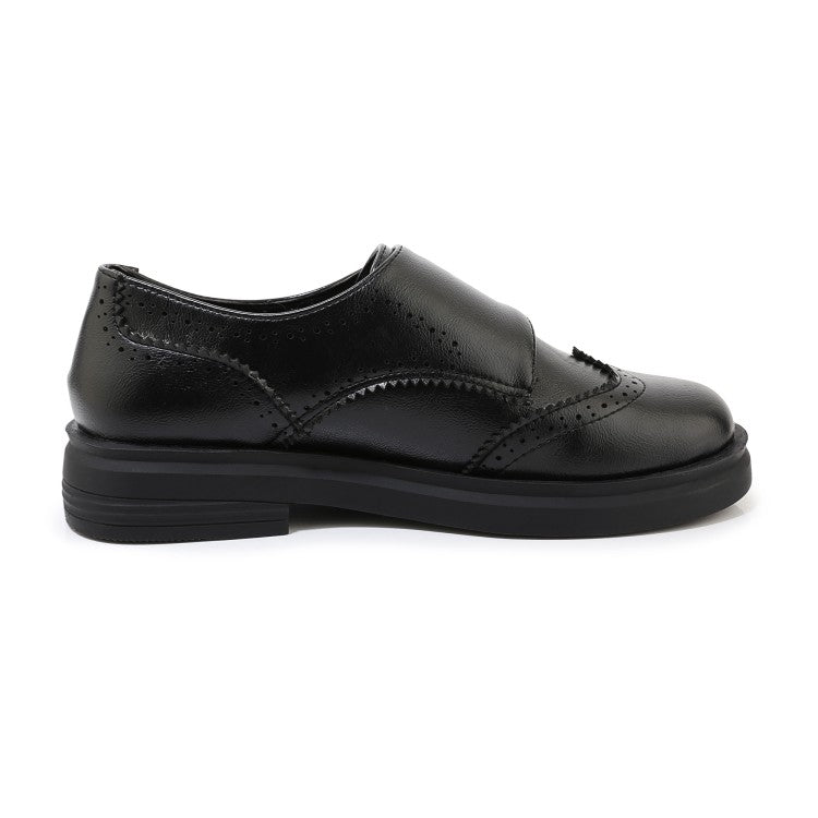 Ladies Solid Color Round Toe Stitching Double Buckle Slip on Oxford Flats Shoes