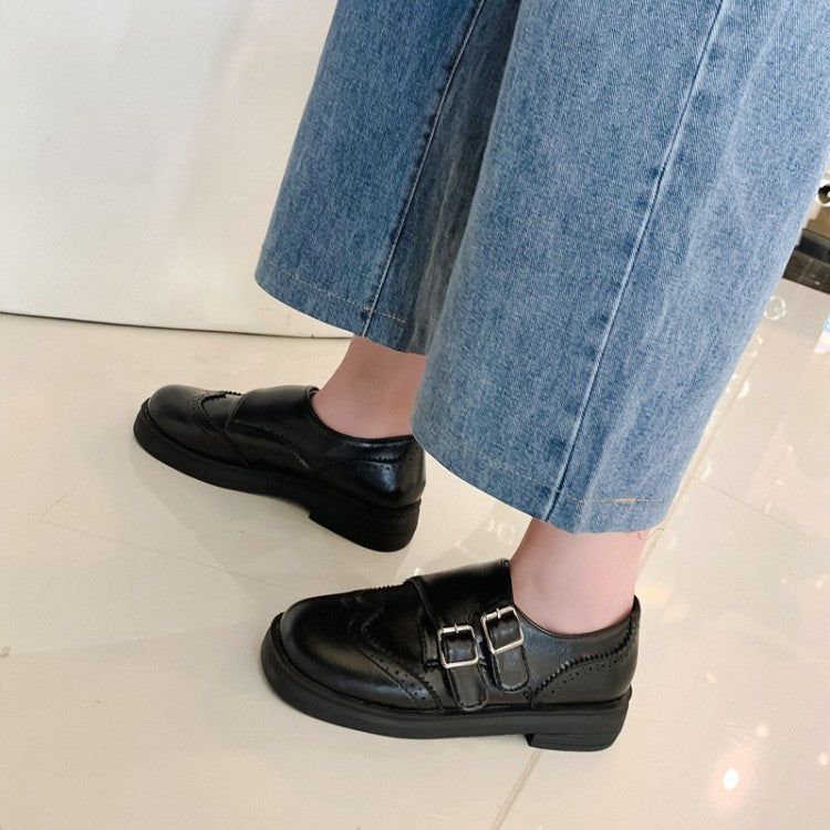 Ladies Solid Color Round Toe Stitching Double Buckle Slip on Oxford Flats Shoes