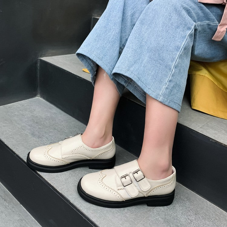 Ladies Solid Color Round Toe Stitching Double Buckle Slip on Oxford Flats Shoes