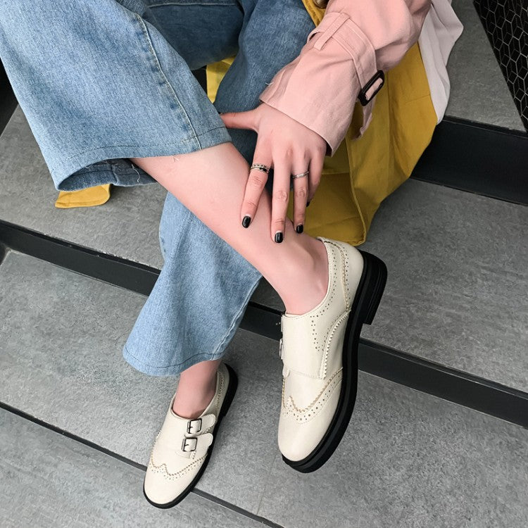 Ladies Solid Color Round Toe Stitching Double Buckle Slip on Oxford Flats Shoes