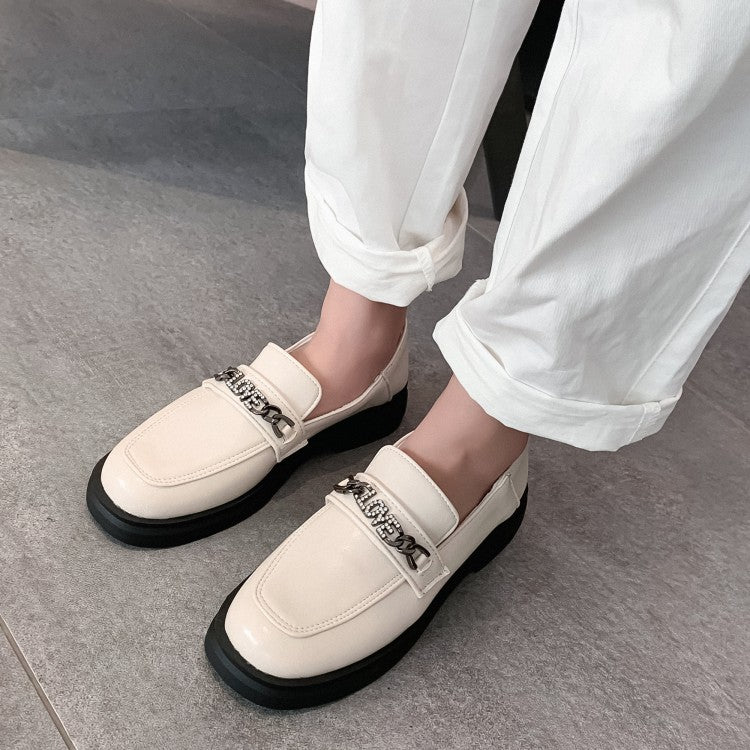 Ladies Solid Color Square Toe Rhinestone Metal Decor Slip on Flats Shoes