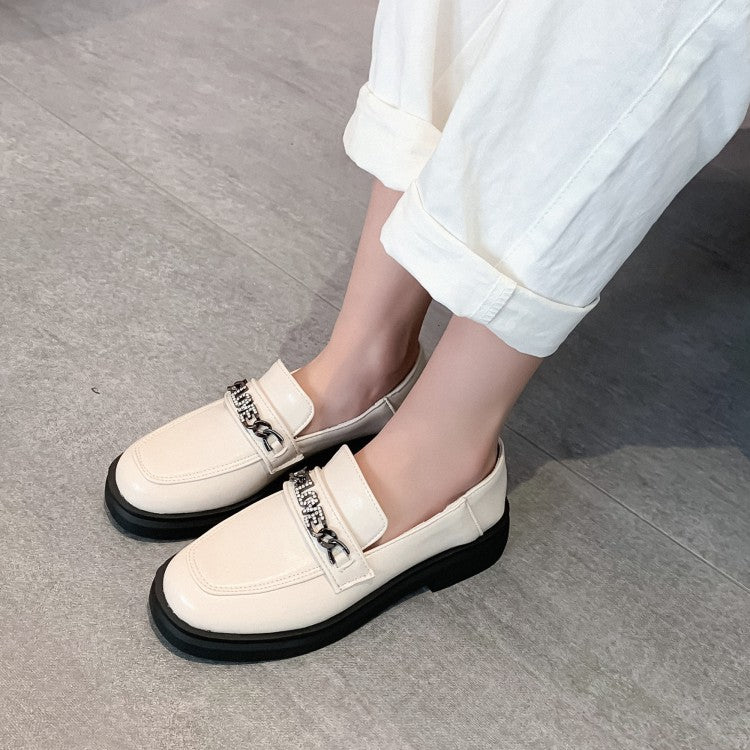Ladies Solid Color Square Toe Rhinestone Metal Decor Slip on Flats Shoes