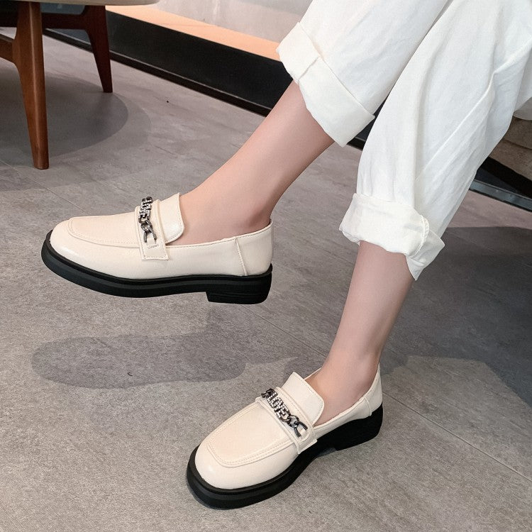 Ladies Solid Color Square Toe Rhinestone Metal Decor Slip on Flats Shoes